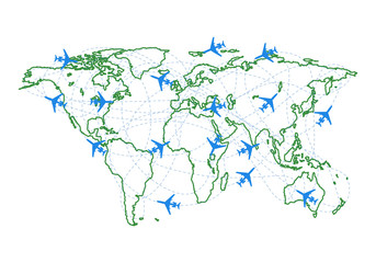 Planes silhouettes on the map with dotted route. Concept of travel, cargo transportation. Vector illustration.