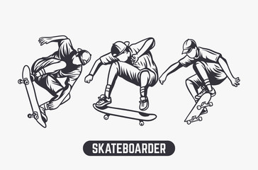 Skateboarder black and white illustration design element © Galih