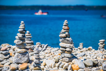 Landscape in Camaret-sur-Mer with stone towers in the foreground. Finister. Brittany. France