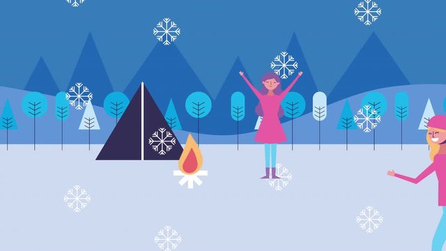 winter snowscape scene with people camping