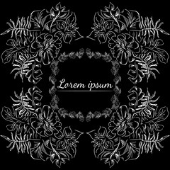 Tropical hand drawn floral frames. Outline set. Jungle foliage illustration. Floral set. Hand drawing. Vector isolated collection. Natural spring wedding card. Summer tropical leaf. Botanical frames