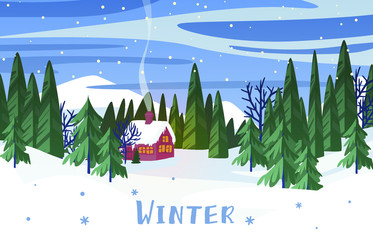 Vector illustration of cartoon winter cozy house with smoke from chimney surrounded by frozen forest card design. Wintertime mountain covered by snow nature landscape at blue sky snowflakes background