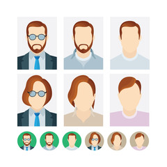Male and female portraits set. ID and passport picture. User profile photo. Man and woman avatar symbols collection.  Part of set.