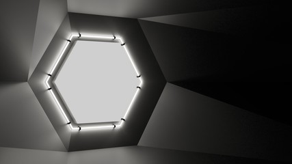 Abstract geometry lit by a neon white hexagonal lamp