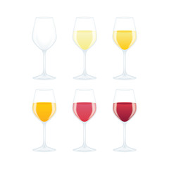 Wine glass. Wine glasses with different color wines, side view vector illustration. Wine colors concept. Part of set.