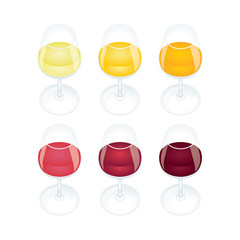 Wine glass. Wine glasses with different color wines, top view vector illustration. Wine colors concept.  Part of set.