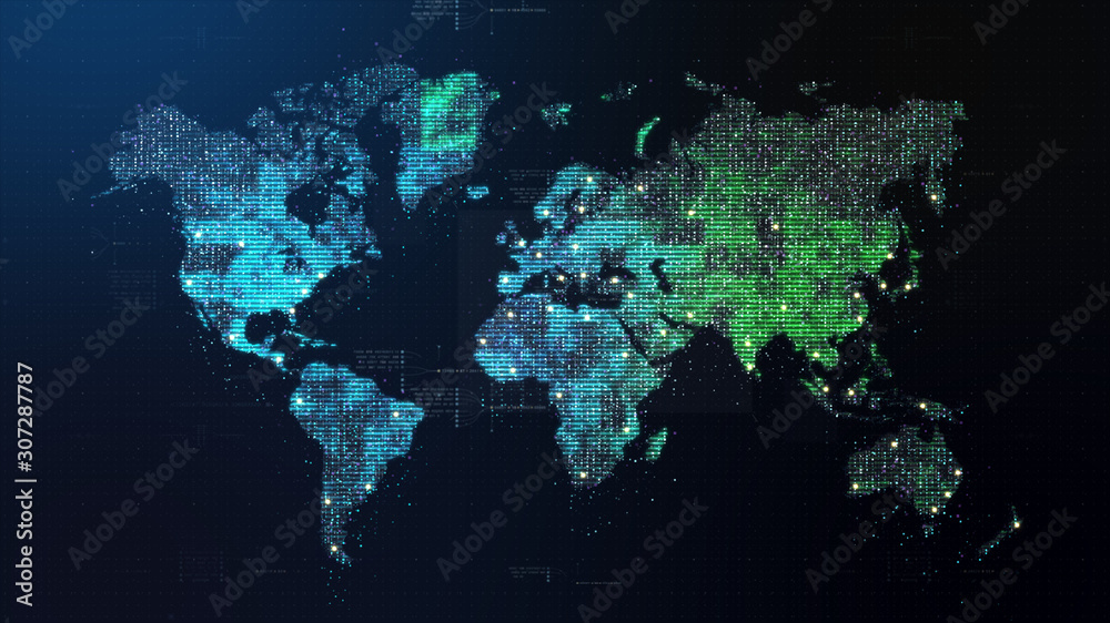 Poster Futuristic global 5G worldwide communication via broadband internet connections between cities around the world with matrix particles continent map for head up display background