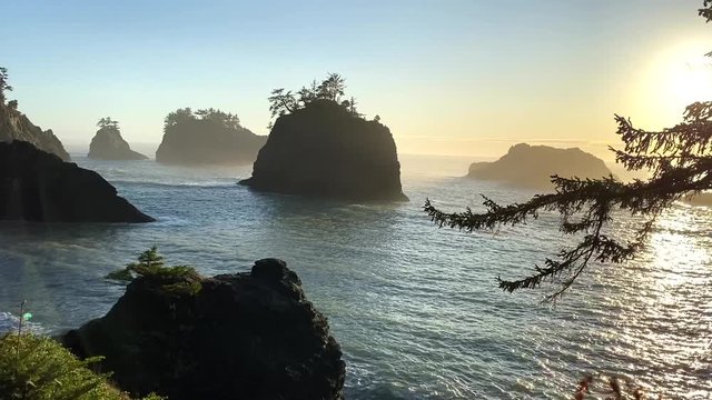 Beautiful beach known as Secret Beach in Oregon with large dramatic rocks with trees on top.