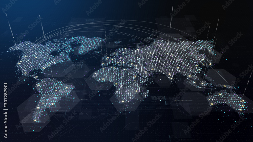Leinwandbilder Futuristic global 5G worldwide communication via broadband internet connections between cities around the world with matrix particles continent map for head up display background
