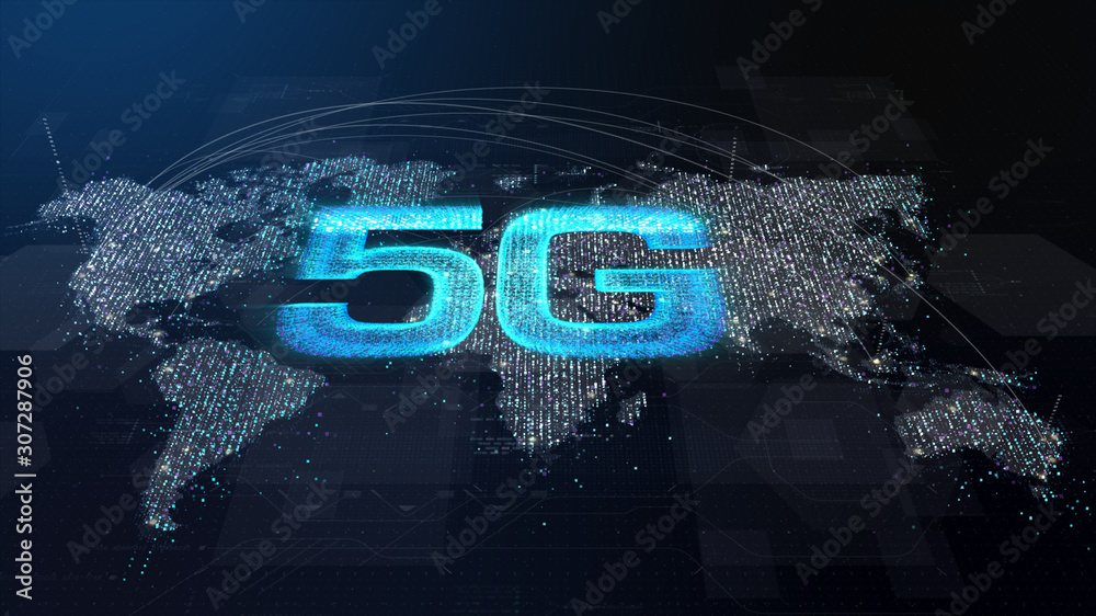Aufkleber Futuristic global 5G worldwide communication via broadband internet connections between cities around the world with matrix particles continent map for head up display background