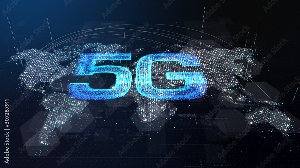 Fototapete futuristic global 5g worldwide communication via broadband internet connections between cities aroun