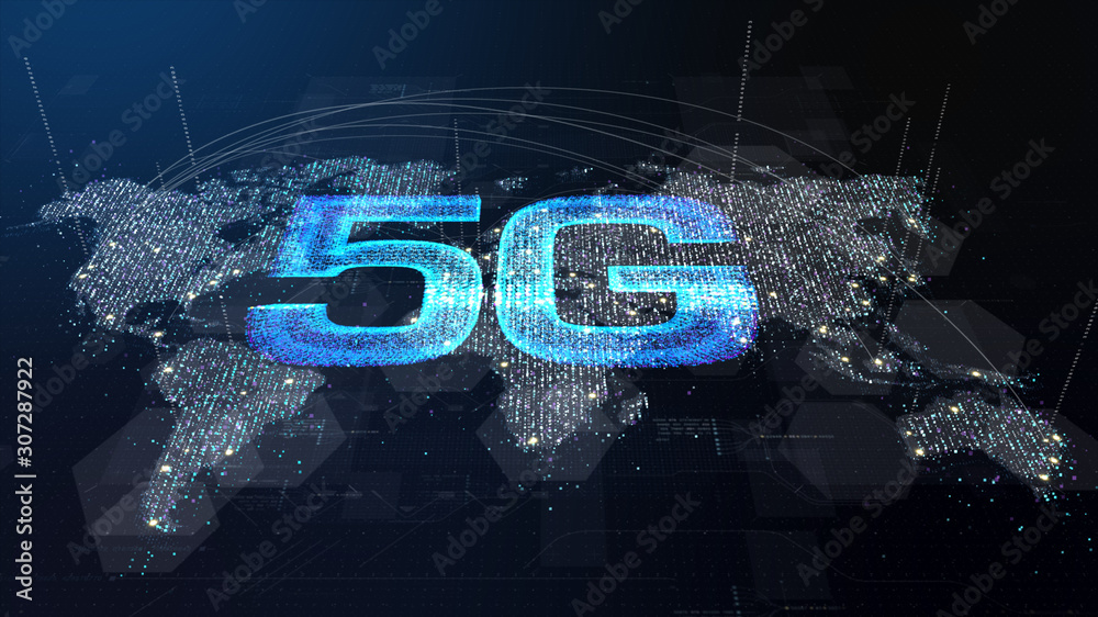 Aufkleber Futuristic global 5G worldwide communication via broadband internet connections between cities around the world with matrix particles continent map for head up display background