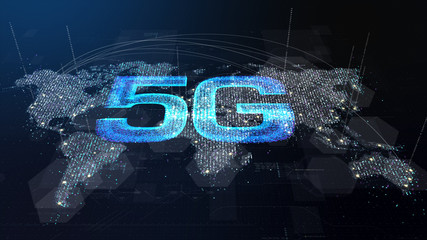 Futuristic global 5G worldwide communication via broadband internet connections between cities around the world with matrix particles continent map for head up display background