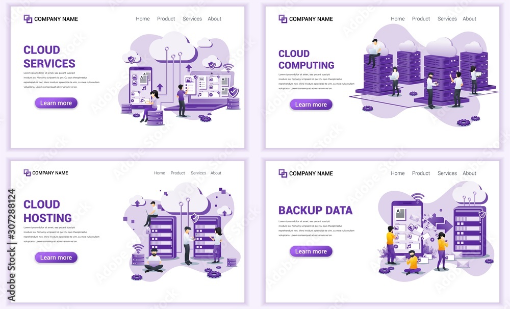 Aufkleber set of web page design templates for backup data, cloud computing, hosting and data center. can use 