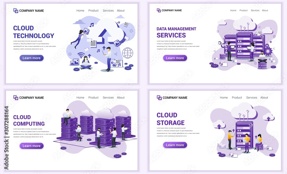Poster set of web page design templates for cloud technology, cloud services, data management. can use for 