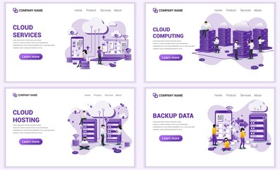 Set of web page design templates for backup data, cloud computing, hosting and data center. Can use for web banner, poster, infographics, landing page, web template. Flat vector illustration
