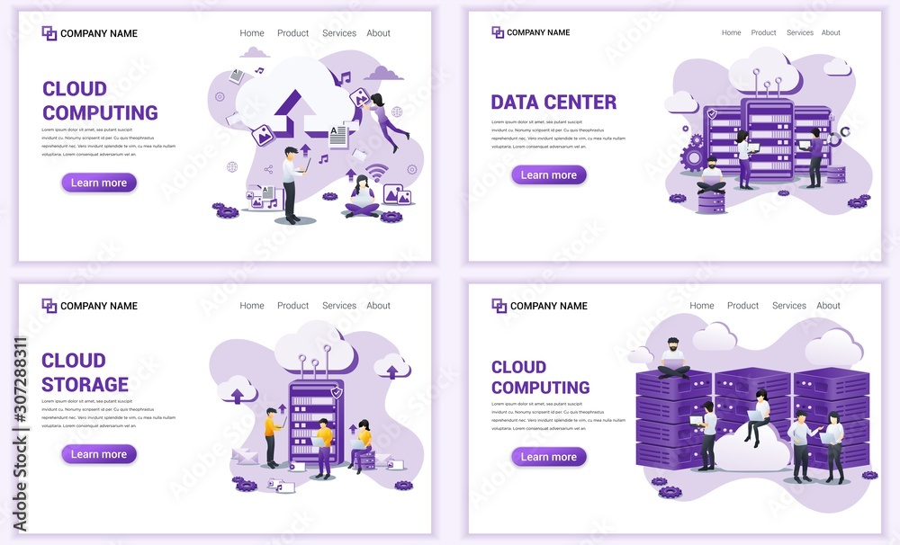 Poster set of web page design templates for cloud computing, cloud storage, data center. can use for web ba