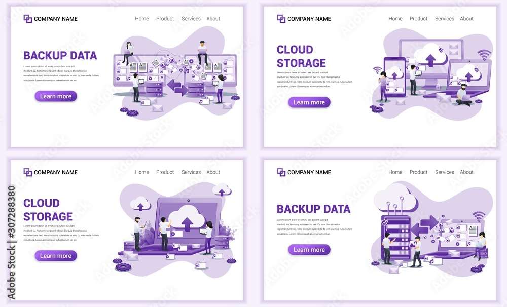 Poster set of web page design templates for backup data, cloud storage, data center. can use for web banner