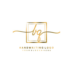 Initial B Q handwriting logo design, with brush box lines gold color. handwritten logo for fashion, team, wedding, luxury logo.
