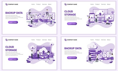 Fototapeta na wymiar Set of web page design templates for backup data, cloud storage, data center. Can use for web banner, poster, infographics, landing page, web template. Flat vector illustration
