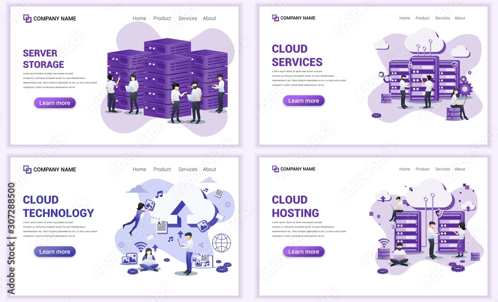 Poster set of web page design templates for cloud technology, hosting and server management. can use for we