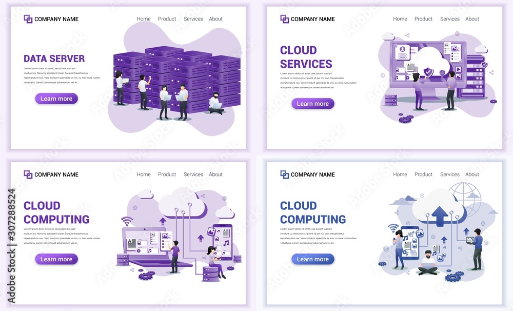 Poster set of web page design templates for cloud computing, cloud services, data server. can use for web b