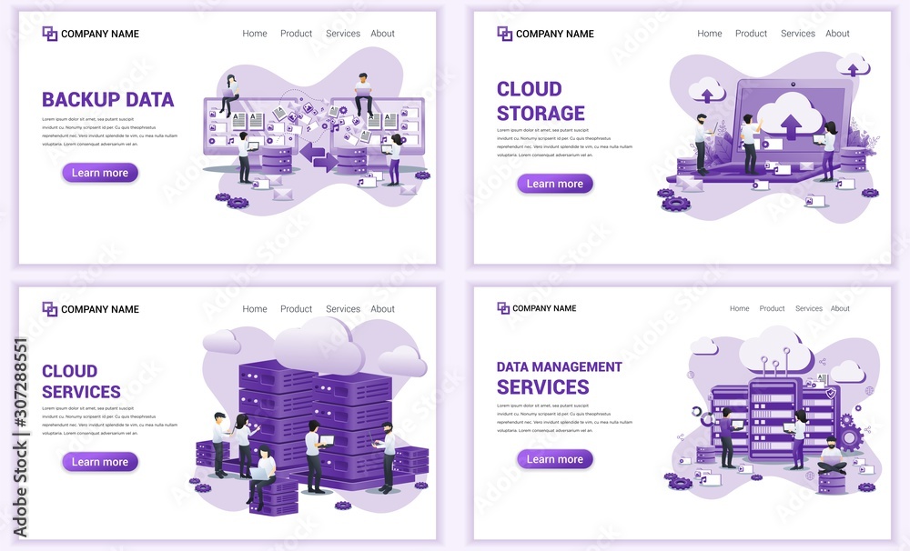 Aufkleber set of web page design templates for backup data, cloud storage, data management. can use for web ba