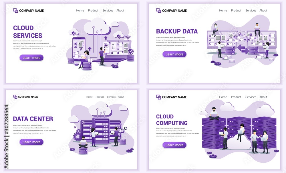 Poster set of web page design templates for backup data, cloud services, data center. can use for web banne