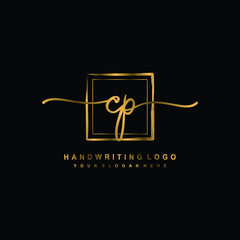 Initial C P handwriting logo design, with brush box lines gold color. handwritten logo for fashion, team, wedding, luxury logo.