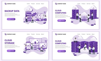 Set of web page design templates for backup data, cloud computing, cloud storage. Can use for web banner, poster, infographics, landing page, web template. Flat vector illustration