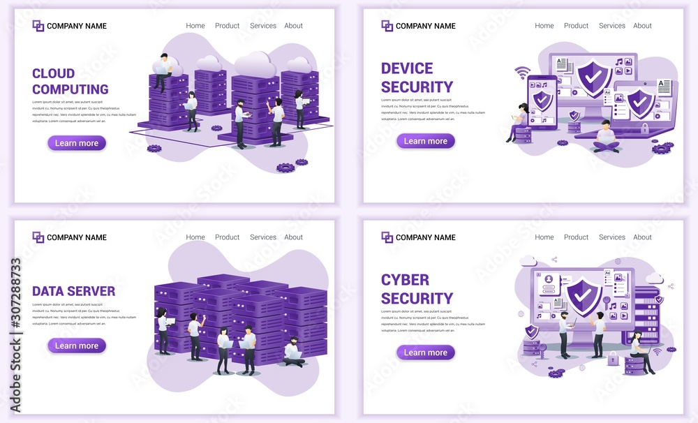 Aufkleber set of web page design templates for cloud computing, data center, cyber security. can use for web b