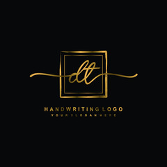 Initial D T handwriting logo design, with brush box lines gold color. handwritten logo for fashion, team, wedding, luxury logo.