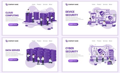 Set of web page design templates for cloud computing, data center, cyber security. Can use for web banner, poster, infographics, landing page, web template. Flat vector illustration