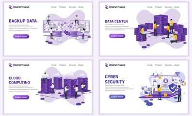 Set of web page design templates for backup data, cloud computing, data center. Can use for web banner, poster, infographics, landing page, web template. Flat vector illustration