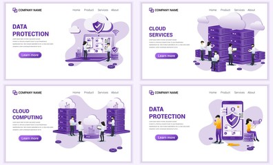 Set of web page design templates for cloud computing, data protection. Can use for web banner, poster, infographics, landing page, web template. Flat vector illustration
