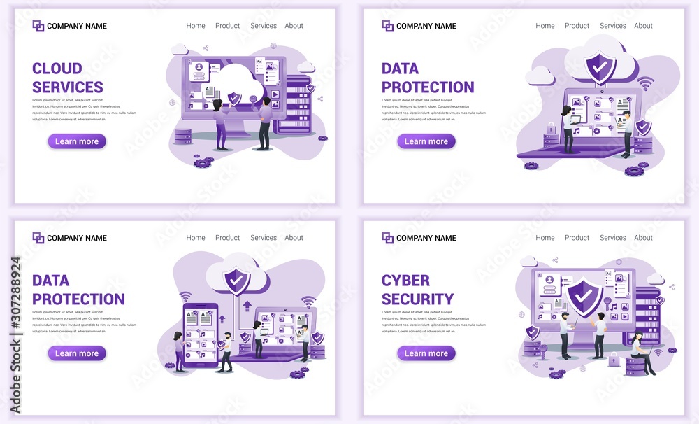 Wall mural set of web page design templates for cloud services, cyber security. can use for web banner, poster,
