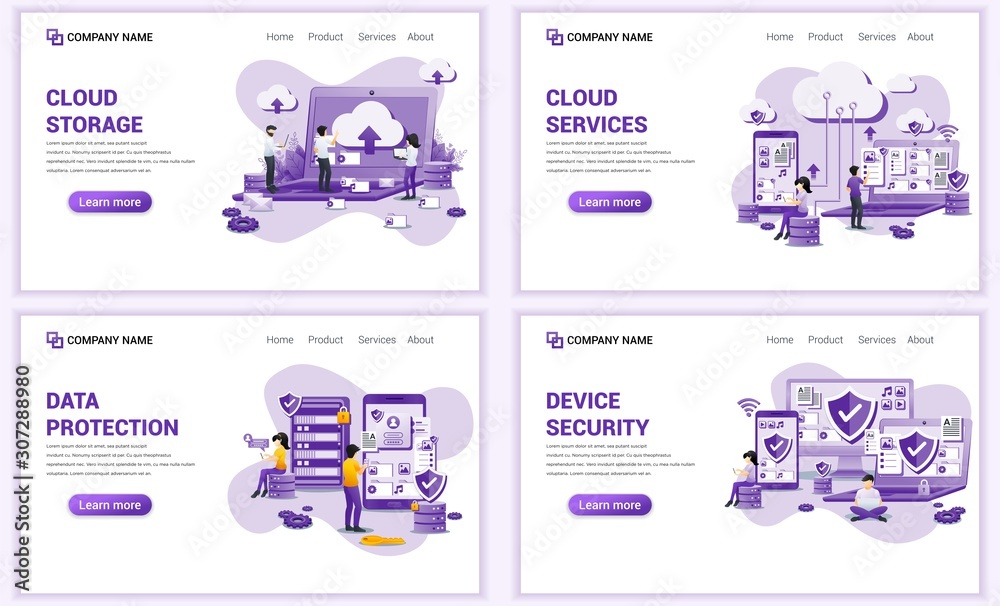 Wall mural set of web page design templates for cloud storage, data security. can use for web banner, poster, i