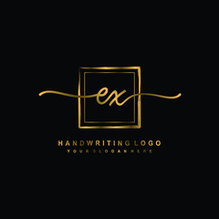 Initial E X handwriting logo design, with brush box lines gold color. handwritten logo for fashion, team, wedding, luxury logo.