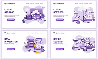 Set of web page design templates for cloud storage, data Security. Can use for web banner, poster, infographics, landing page, web template. Flat vector illustration