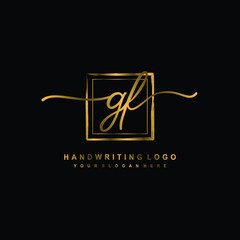 Initial G F handwriting logo design, with brush box lines gold color. handwritten logo for fashion, team, wedding, luxury logo.