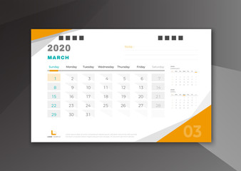 March 2020 desk calendar white and yellow theme