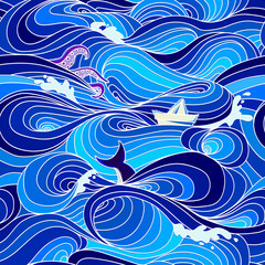 sea pattern with waves, tentacles, paper boat and whale tail