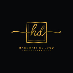 Initial H D handwriting logo design, with brush box lines gold color. handwritten logo for fashion, team, wedding, luxury logo.