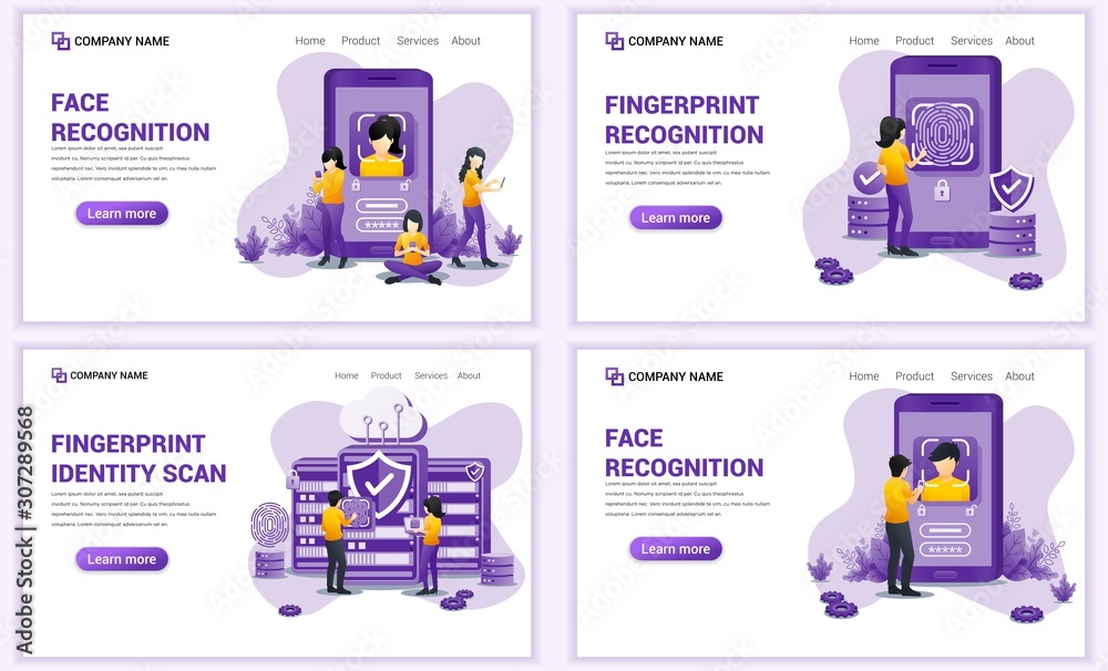 Sticker set of web page design templates for face and fingerprint recognition, biometric identification. can