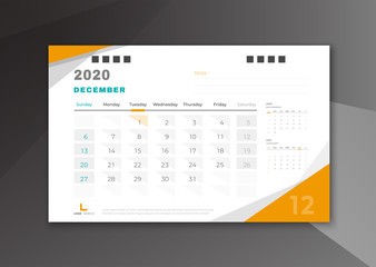 December 2020 desk calendar white and yellow theme