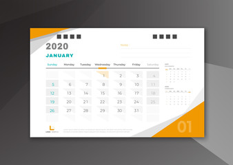 January 2020 desk calendar white and yellow theme