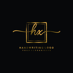 Initial H X handwriting logo design, with brush box lines gold color. handwritten logo for fashion, team, wedding, luxury logo.