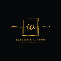 Initial I V handwriting logo design, with brush box lines gold color. handwritten logo for fashion, team, wedding, luxury logo.