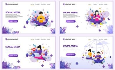Fototapeta premium Set of web page design templates for social media concept. Can use for web banner, poster, infographics, landing page, web template. Flat vector illustration