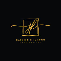 Initial J F handwriting logo design, with brush box lines gold color. handwritten logo for fashion, team, wedding, luxury logo.